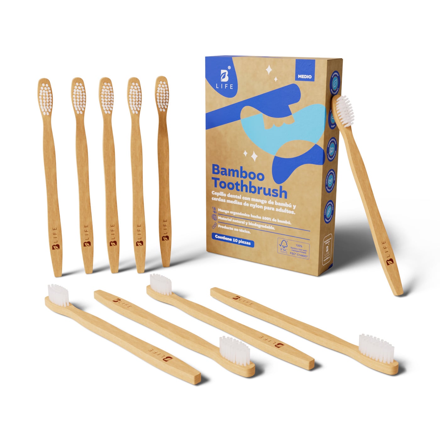 Kit Con 10 Cepillos De Dientes De Bambú Para Adultos Con Cerdas Medias. B Life