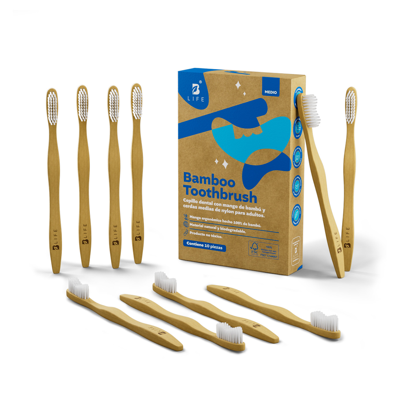 Foto 1 | Kit Con 10 Cepillos De Dientes De Bambú Para Adultos Con Cerdas Medias. B Life