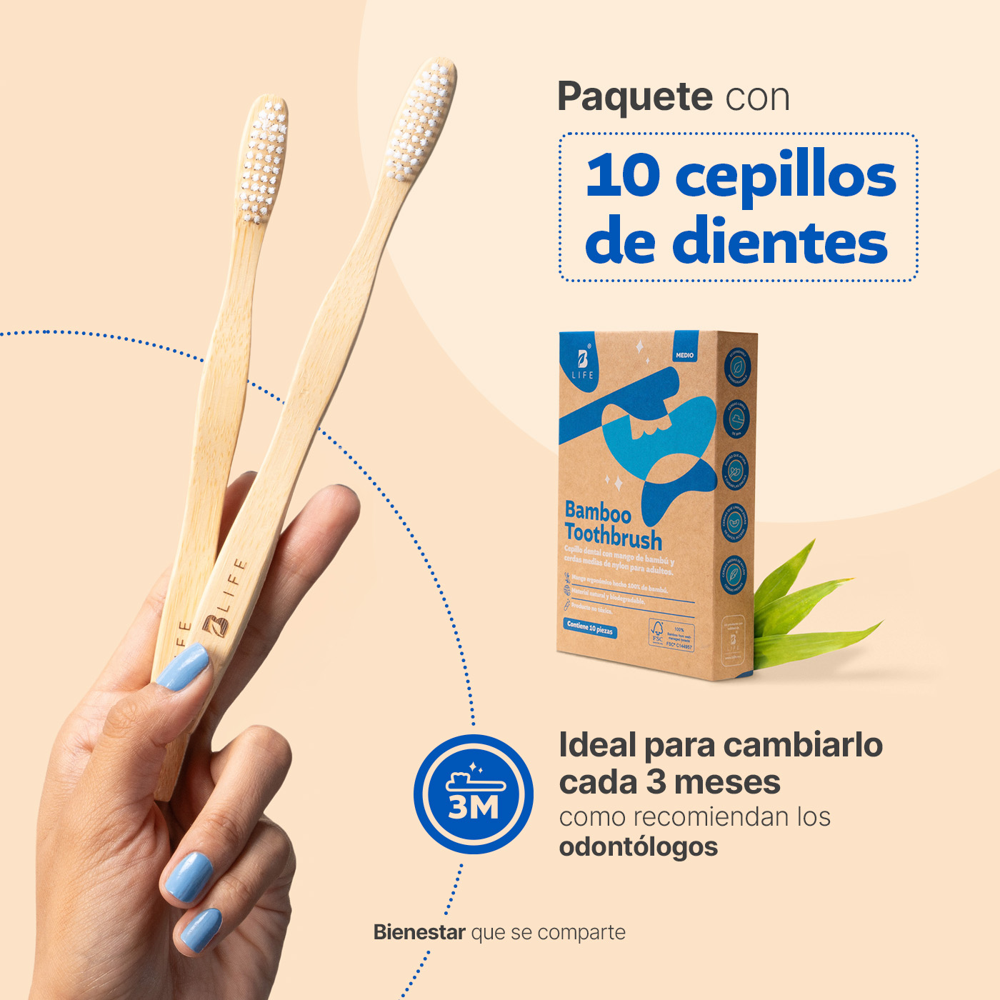 Foto 4 pulgar | Kit Con 10 Cepillos De Dientes De Bambú Para Adultos Con Cerdas Medias. B Life