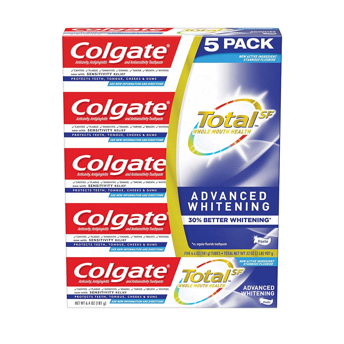Pasta de Dientes Colgate Total Sf Advanced Whitening 180 Ml Paquete de 5- Venta Internacional