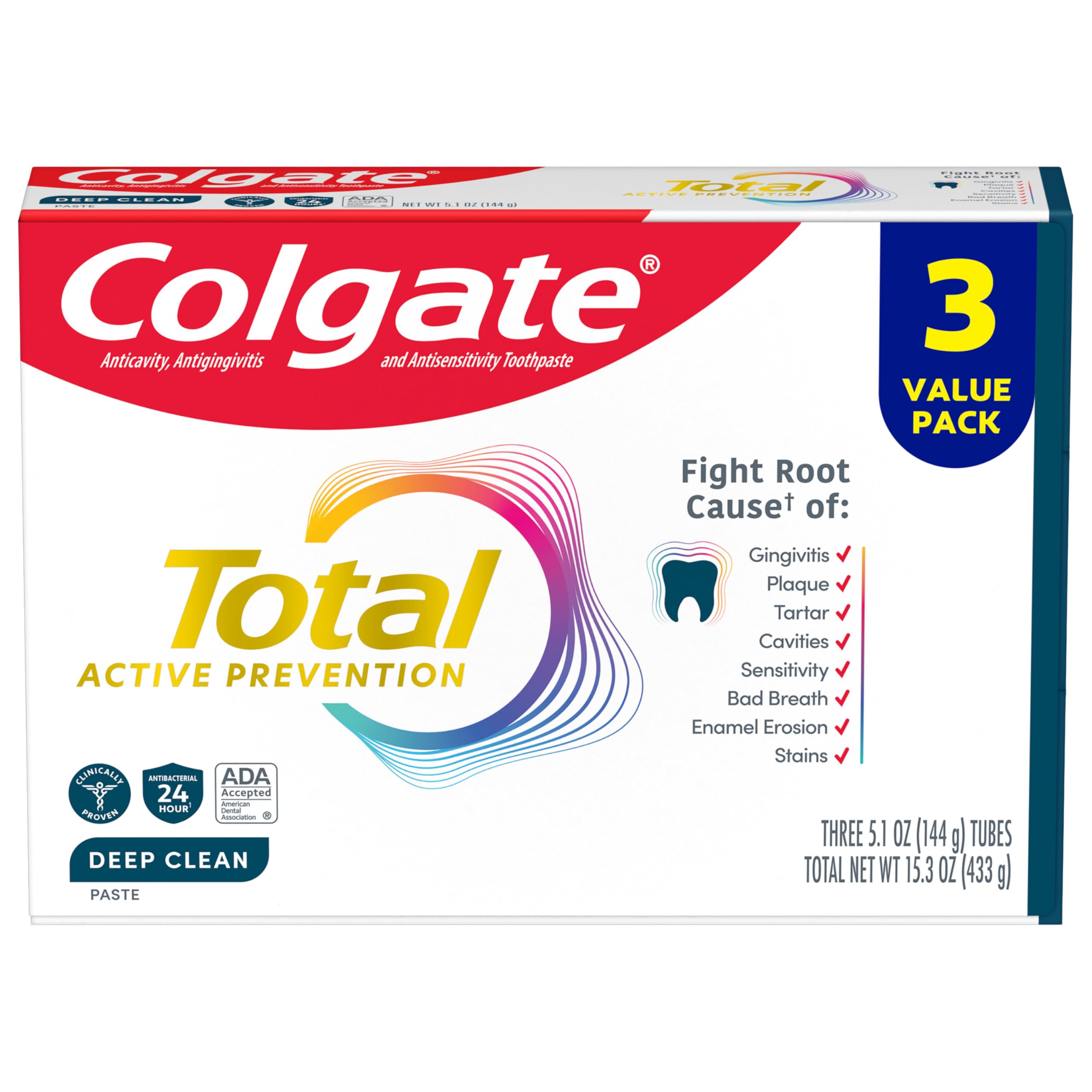 Foto 2 pulgar | Pasta de Dientes Colgate Total Active Prevention Deep Clean 1 Paquete de 3 Piezas de 144 g C/U - Venta Internacional