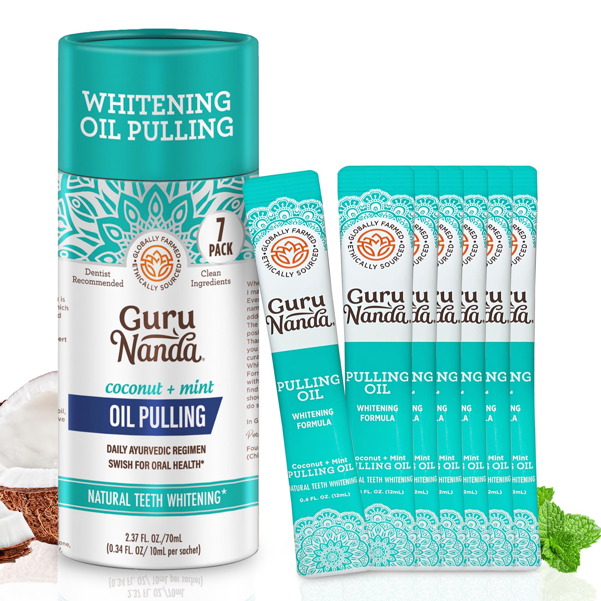 Enjuague Bucal Gurunanda Travel Sachets Con Aceite De Coco, Paquete De 7 - Venta Internacional.