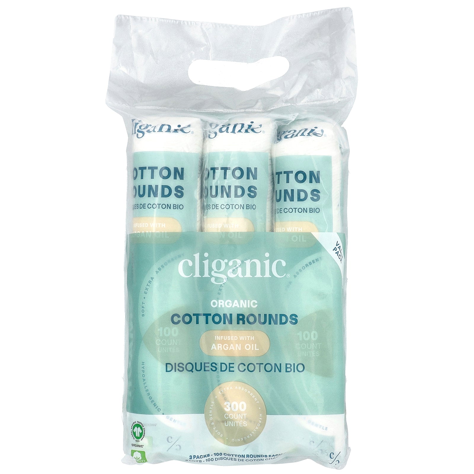 Foto 3 pulgar | Cotton Rounds Cliganic Organic Con Infusión Orgánica Con Aceite De Argán, 300 Unidades - Venta Internacional.