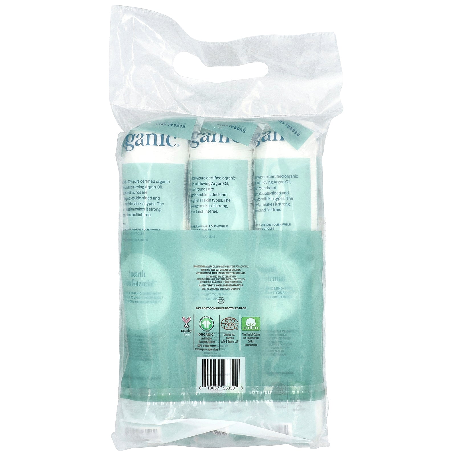 Foto 4 pulgar | Cotton Rounds Cliganic Organic Con Infusión Orgánica Con Aceite De Argán, 300 Unidades - Venta Internacional.