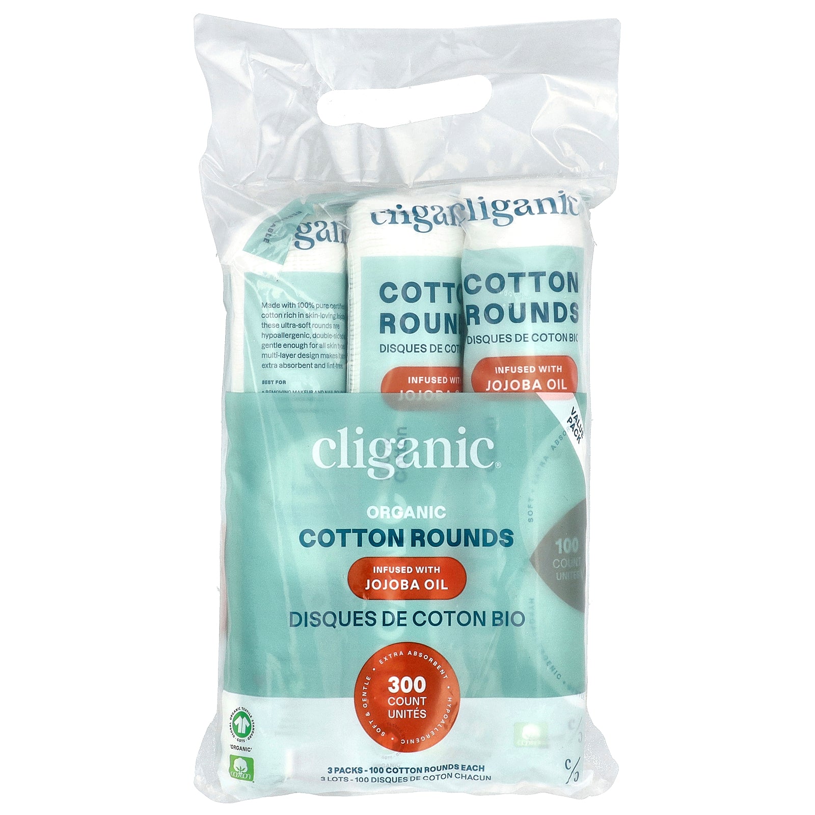 Foto 3 pulgar | Cotton Rounds Cliganic, Infusión Orgánica Con Aceite De Jojoba, 300 Unidades - Venta Internacional.