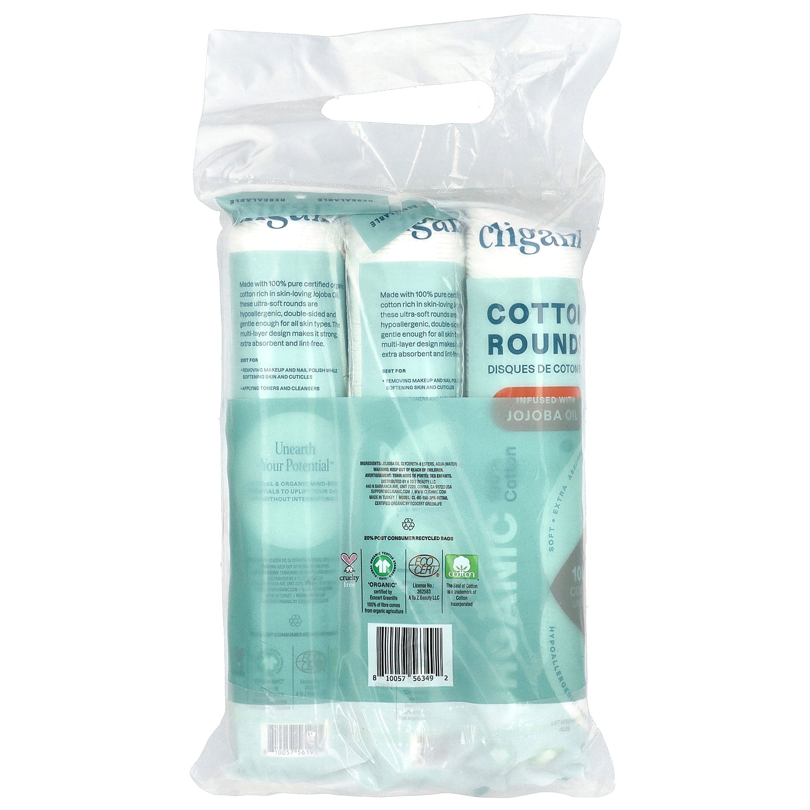 Foto 4 pulgar | Cotton Rounds Cliganic, Infusión Orgánica Con Aceite De Jojoba, 300 Unidades - Venta Internacional.