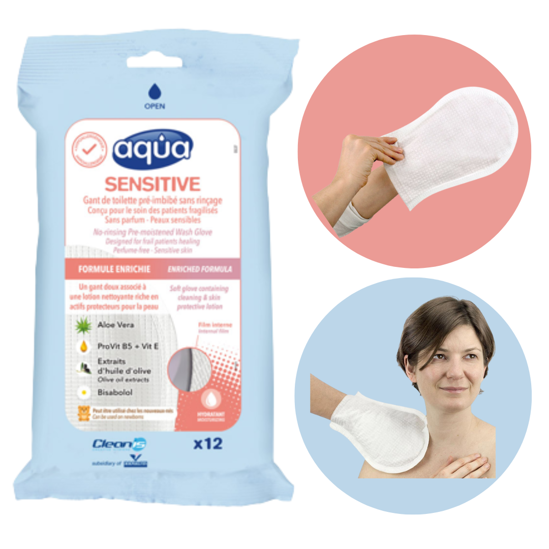 Cleanis Aqua Sensitive - Guante Húmedo para Limpieza de Pacientes. Toallitas Hipoalergénicas. Paquete Con 12 Piezas