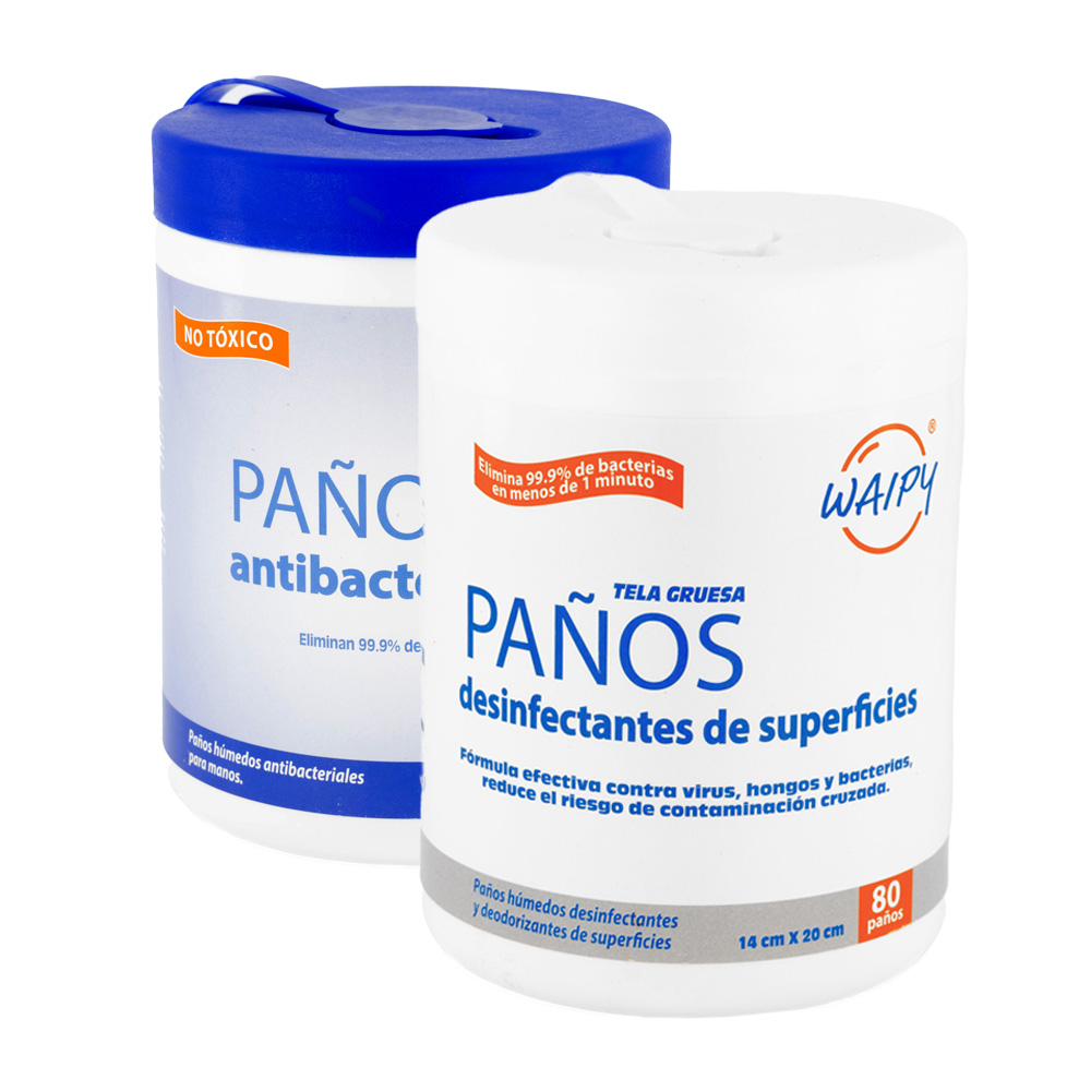 Foto 1 | Paños Desinfectantes de Superficies y para Manos Waipy 230 Toallitas Húmedas entre 2 Frascos