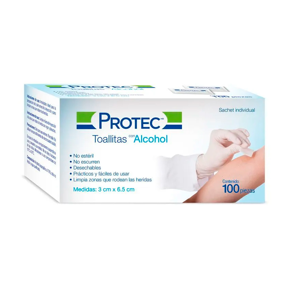 Foto 2 pulgar | Toallitas Con Alcohol Protec 3cm X 6.5cm Caja Con 100 Piezas En Empaque Individual