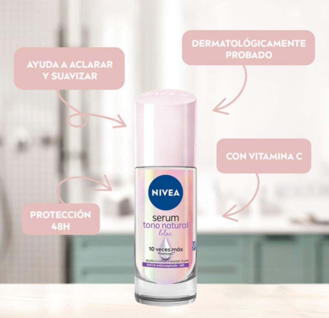 Foto 4 pulgar | Antitranspirante en Roll On Nivea Serum Extra Aclarante Lilac 40 ml