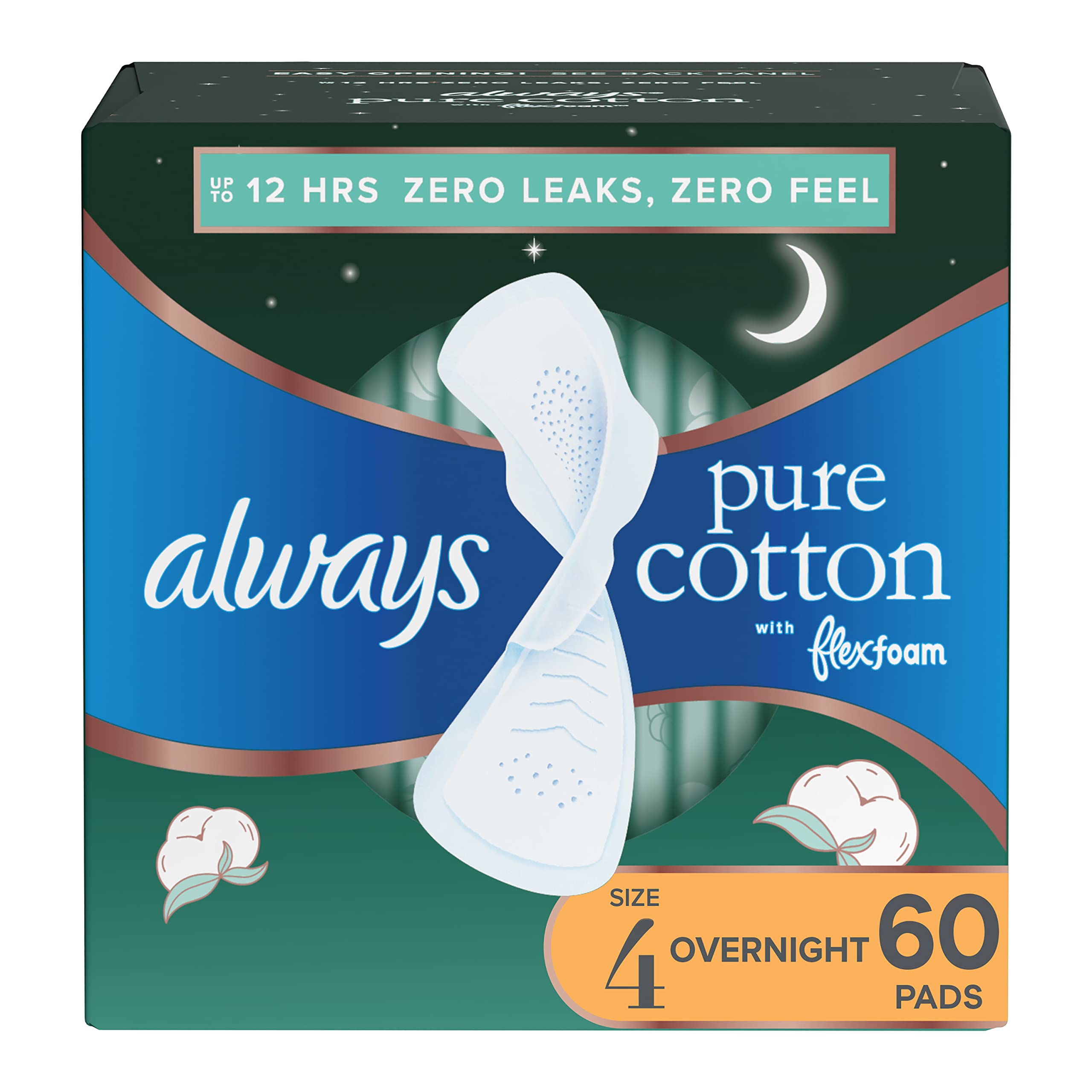Almohadillas Femeninas Always Pure Cotton Flexfoam  Tamaño 4  Durante La Noche  60 - Venta Internacional.