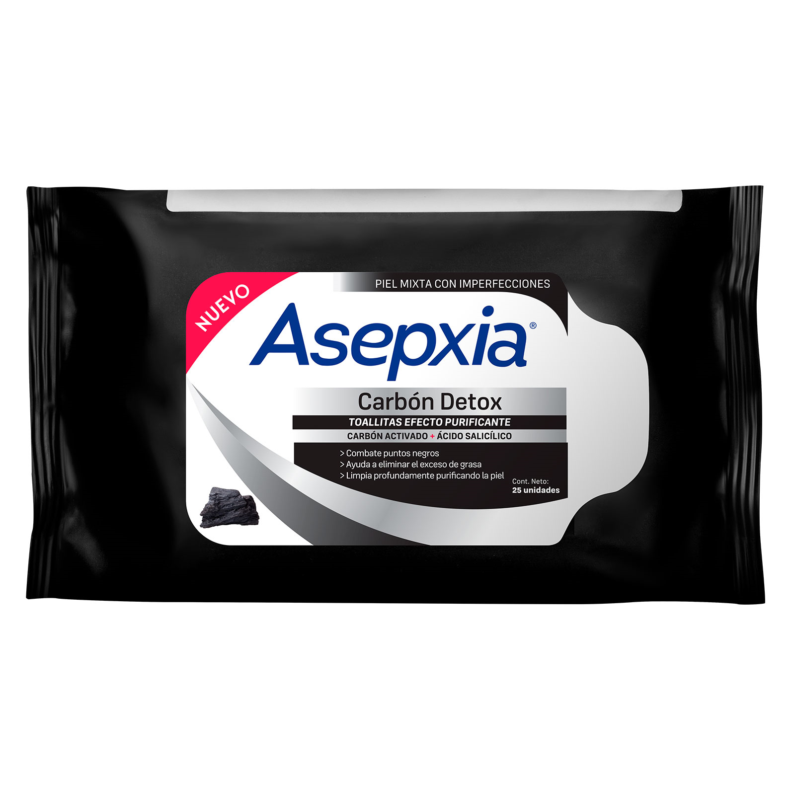 Toallitas Faciales Genomma Asepxia de Carbón Detox 25 Piezas