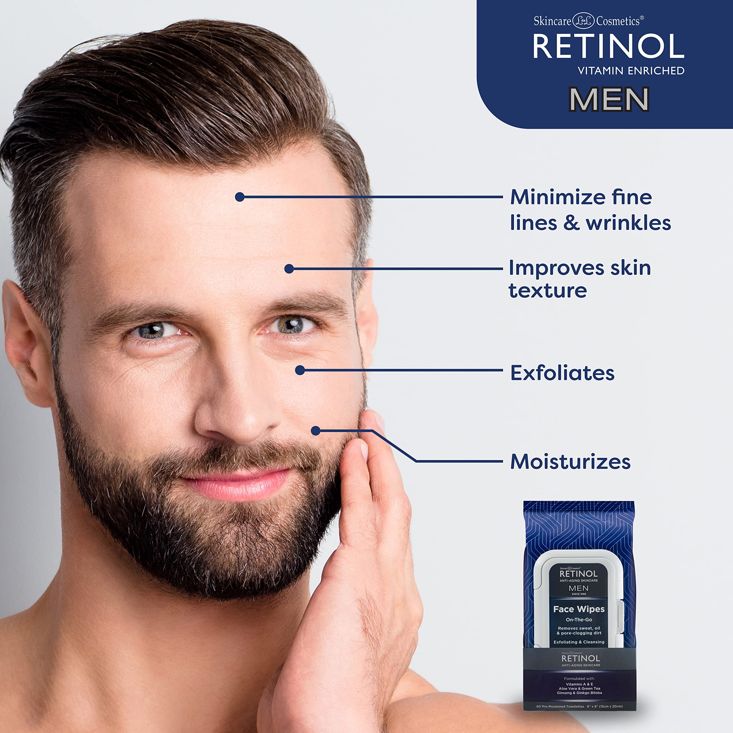 Foto 5 pulgar | Toallitas Limpiadoras Antienvejecimiento Con Retinol Para Hombre, 60 Unidades - Venta Internacional.