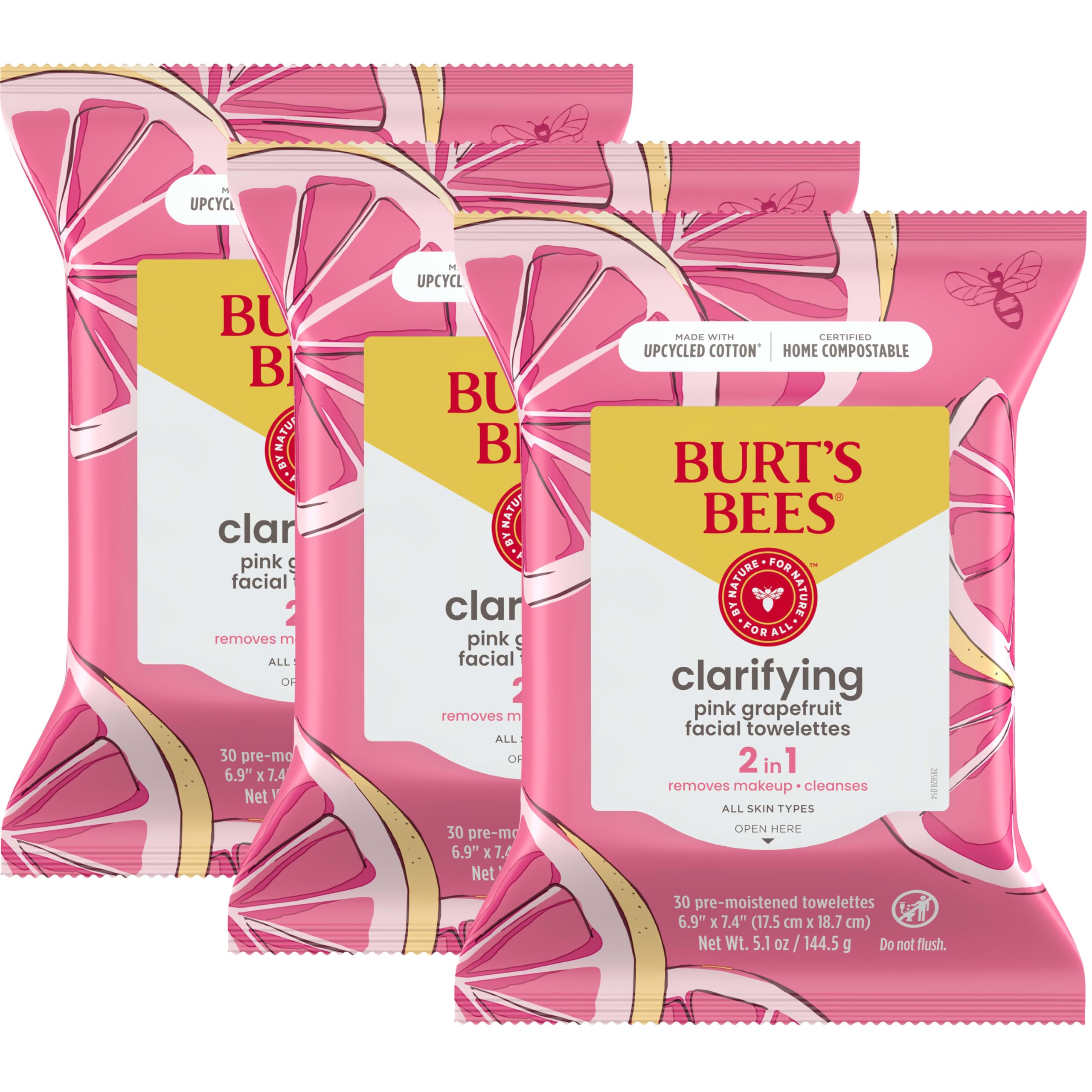 Toallitas Limpiadoras Faciales Burt's Bees, Pomelo Rosa, 30 Unidades - Venta Internacional.