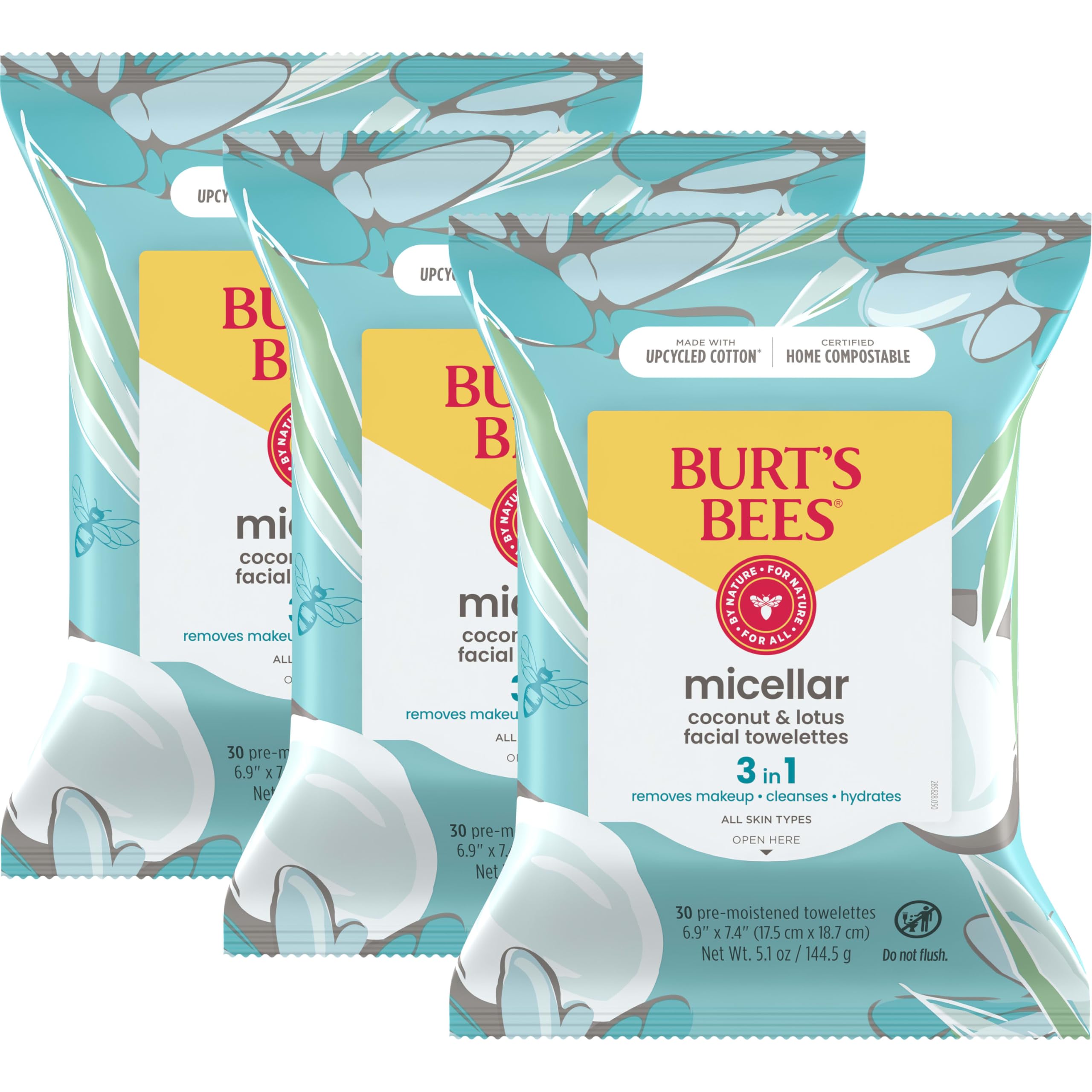 Toallitas Faciales Burt's Bees Coconut & Lotus Micellar De 30 Unidades (paquete De 3) - Venta Internacional.