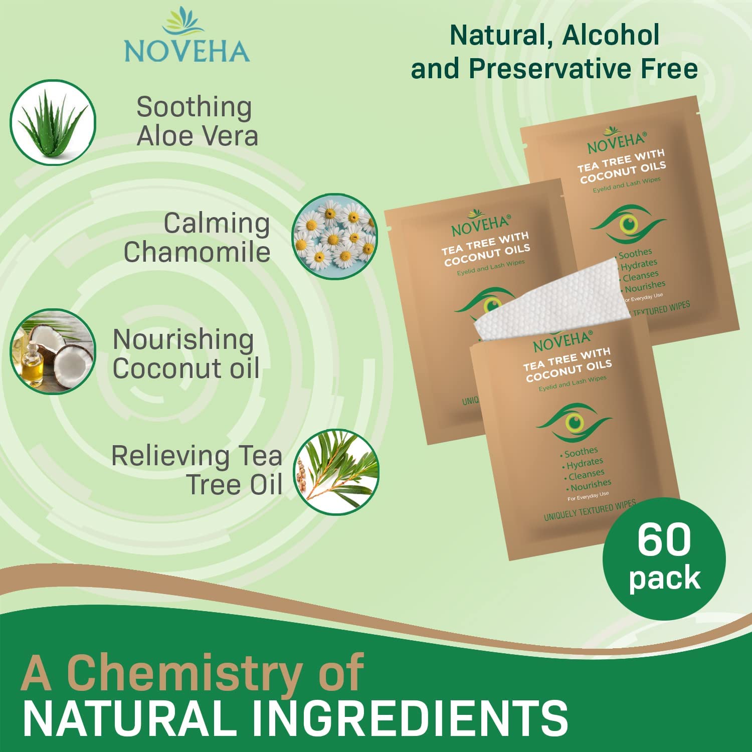 Foto 3 pulgar | Toallitas Para Párpados Y Pestañas Noveha Con Aceite De Coco Y Árbol De Té X60 - Venta Internacional.