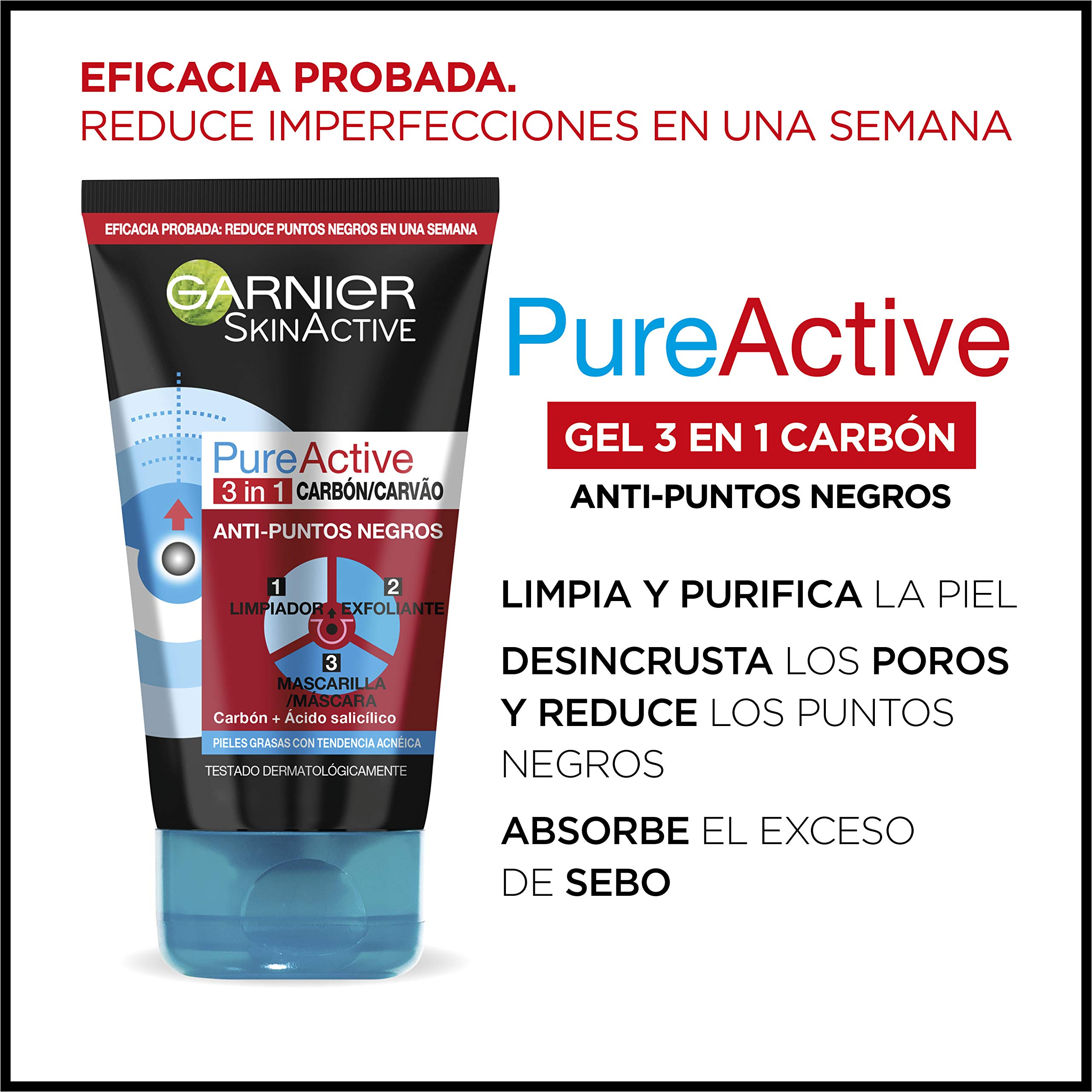 Foto 3 pulgar | Limpiador Garnier Pure Active 3 En 1, Carbón Vegetal, 150 Ml - Venta Internacional.