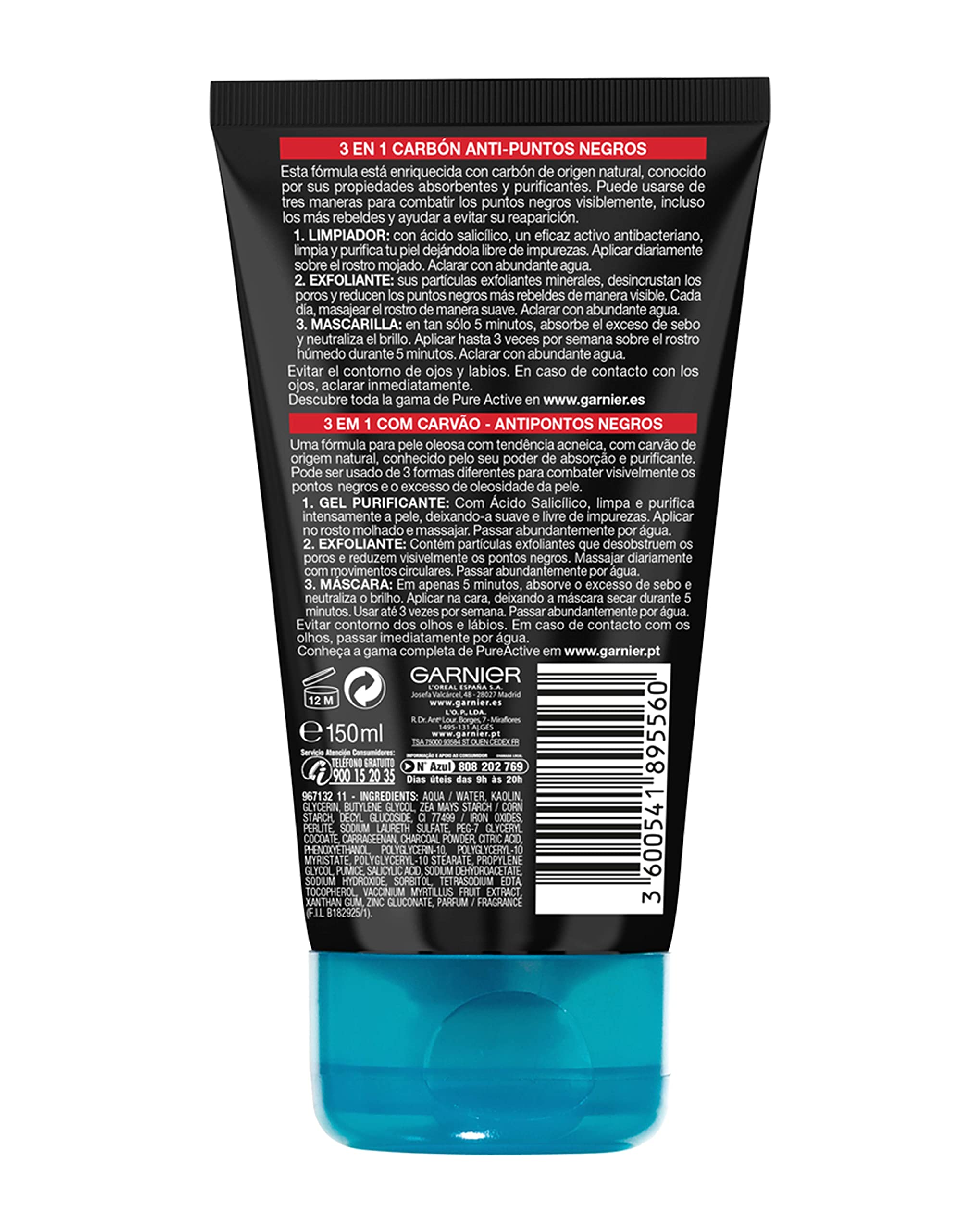 Foto 5 | Limpiador Garnier Pure Active 3 En 1, Carbón Vegetal, 150 Ml - Venta Internacional.