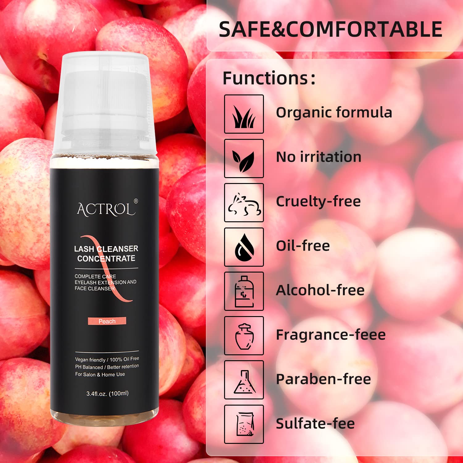 Foto 4 | Limpiador De Pestañas Concentrado Actrol, Champú Para Pestañas De Melocotón, 100 Ml - Venta Internacional.