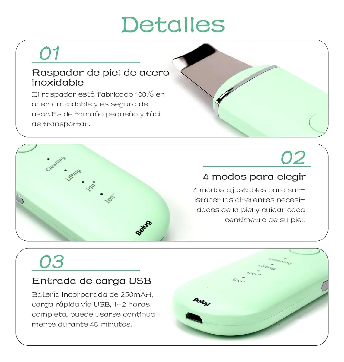 Foto 6 pulgar | Limpiador Facial Belug Peeling Ultrasónico Portatil Skin Scrubber Verde Claro