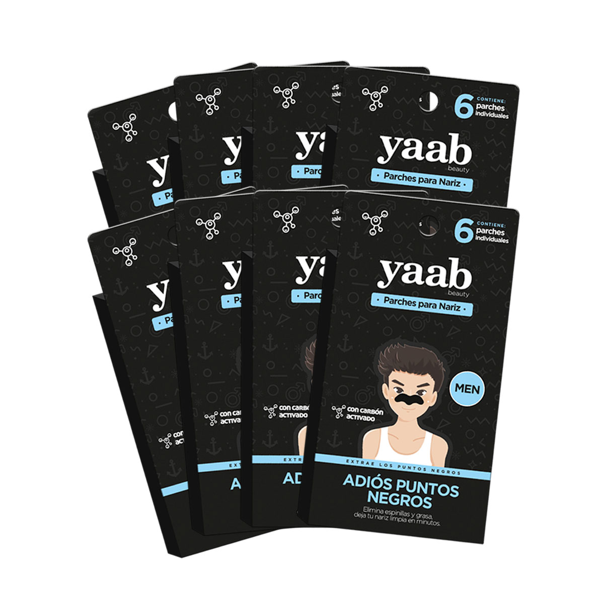 Pack 8 Cajas Parche Para Nariz Yaab Beauty Con Carbón Activado Para Hombre 6 Pzas C/u