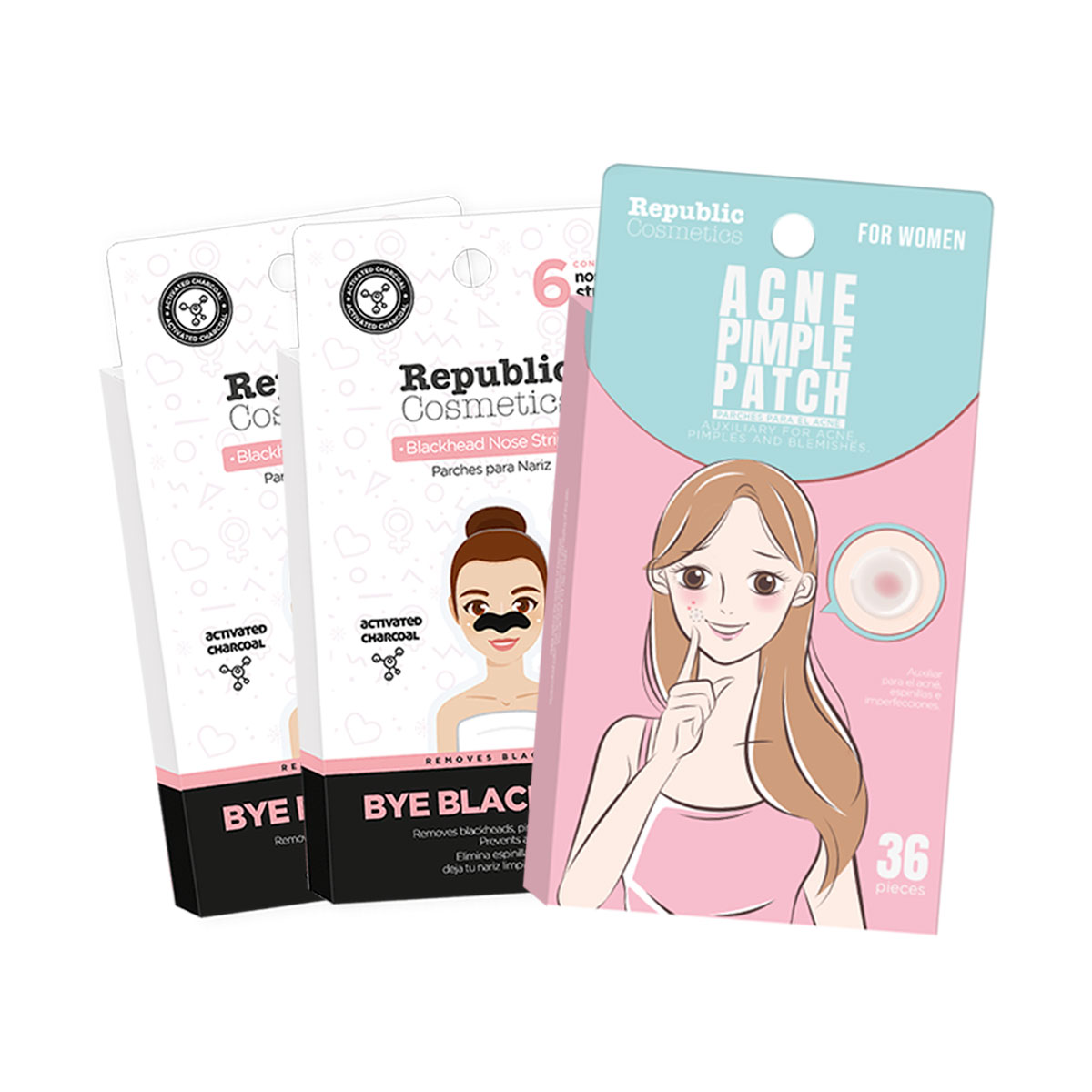 Set Anti Acné Mujer Con 36 Pzs Pimple Patch + 12 Pzas Parche Nariz Carbón Activado Republic Cosmetics