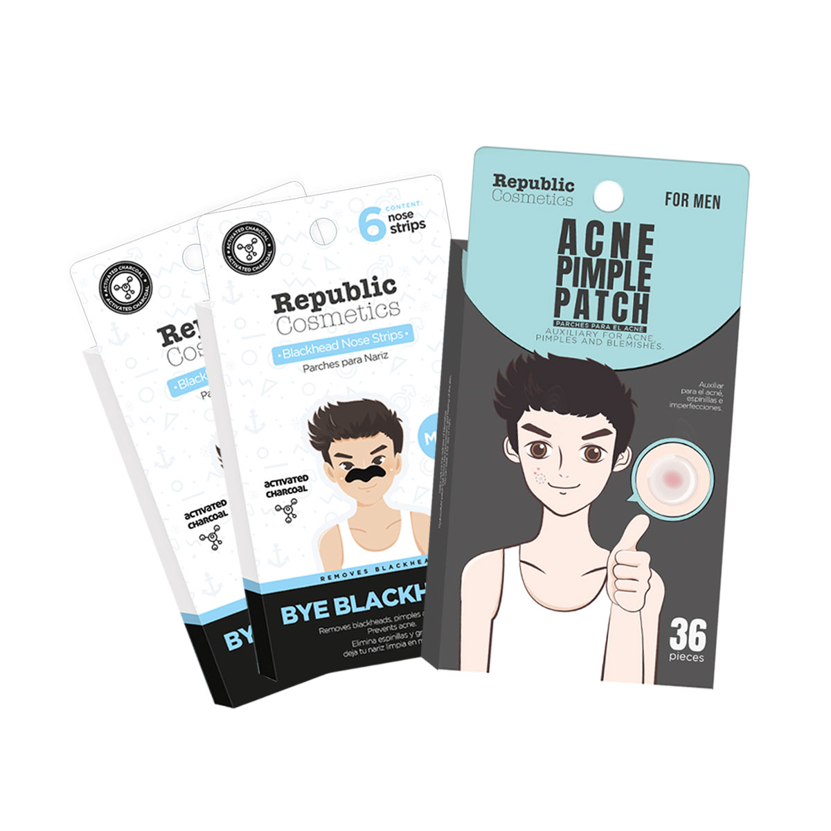 Set Anti Acné Hombre Con 36 Pzs Pimple Patch + 12 Pzas Parche Nariz Carbón Activado Republic Cosmetics