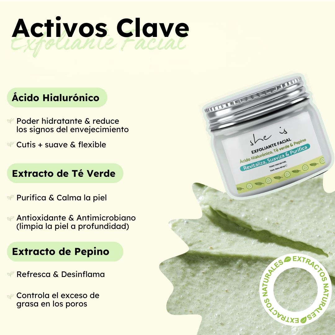 Foto 3 | Exfoliante Facial She is Skincare Limpieza Profunda con Ácido Hialurónico Té Verde y Pepino 150gr