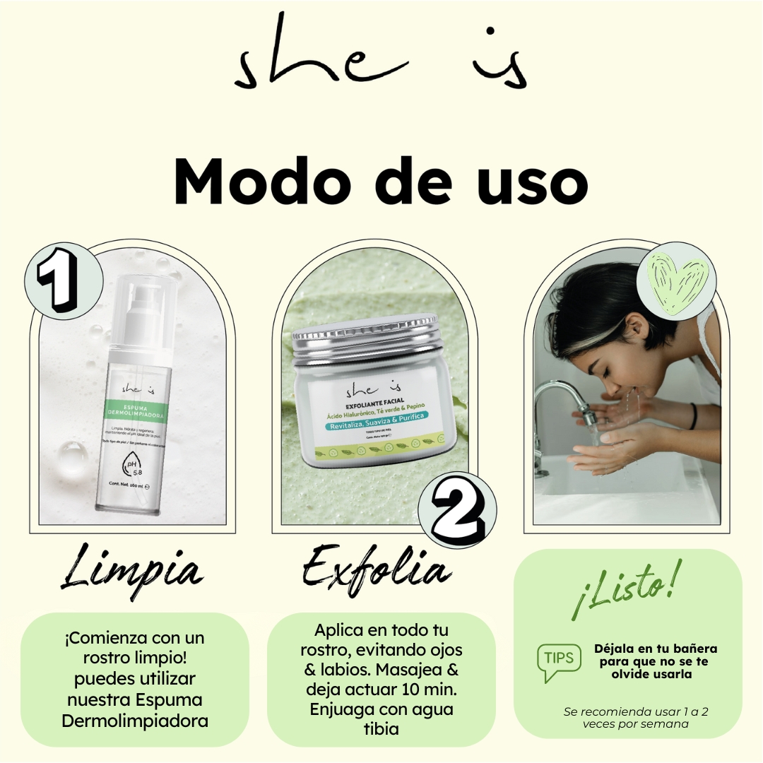 Foto 5 pulgar | Exfoliante Facial She is Skincare Limpieza Profunda con Ácido Hialurónico Té Verde y Pepino 150gr