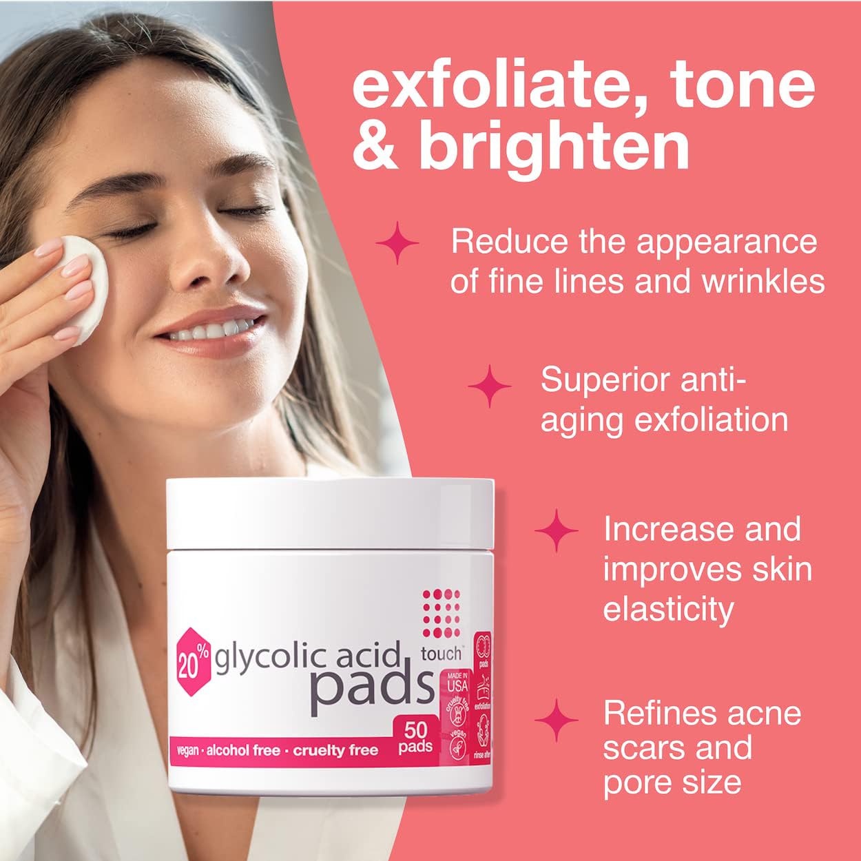 Foto 3 pulgar | Toallitas Exfoliantes Face Wipes Touch con 20% de Ácido Glicólico 50 Unidades - Venta Internacional