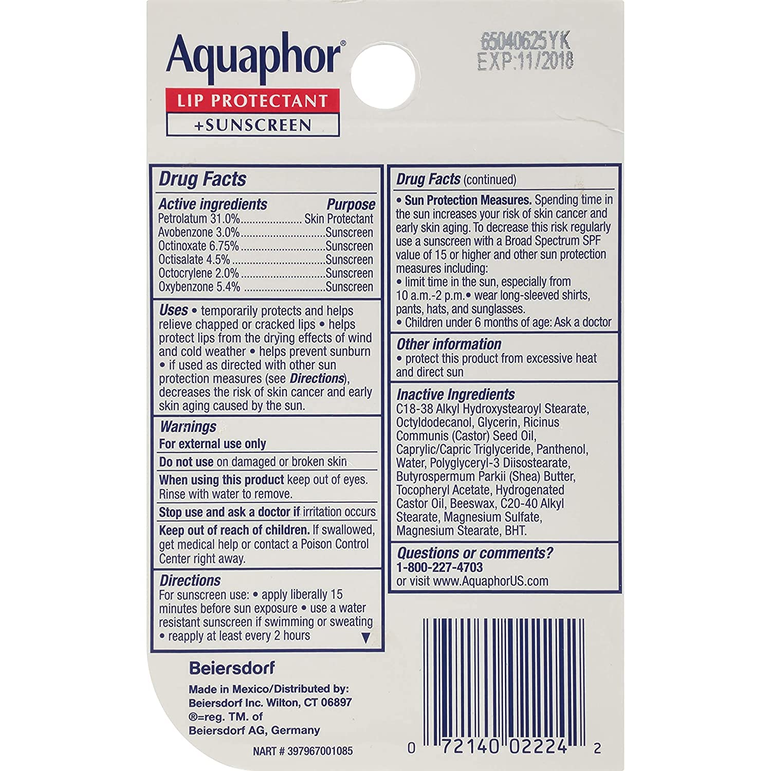 Foto 3 pulgar | Tarjeta Blíster Lip Repair & Protect Aquaphor, Paquete Doble De 10 Ml - Venta Internacional.