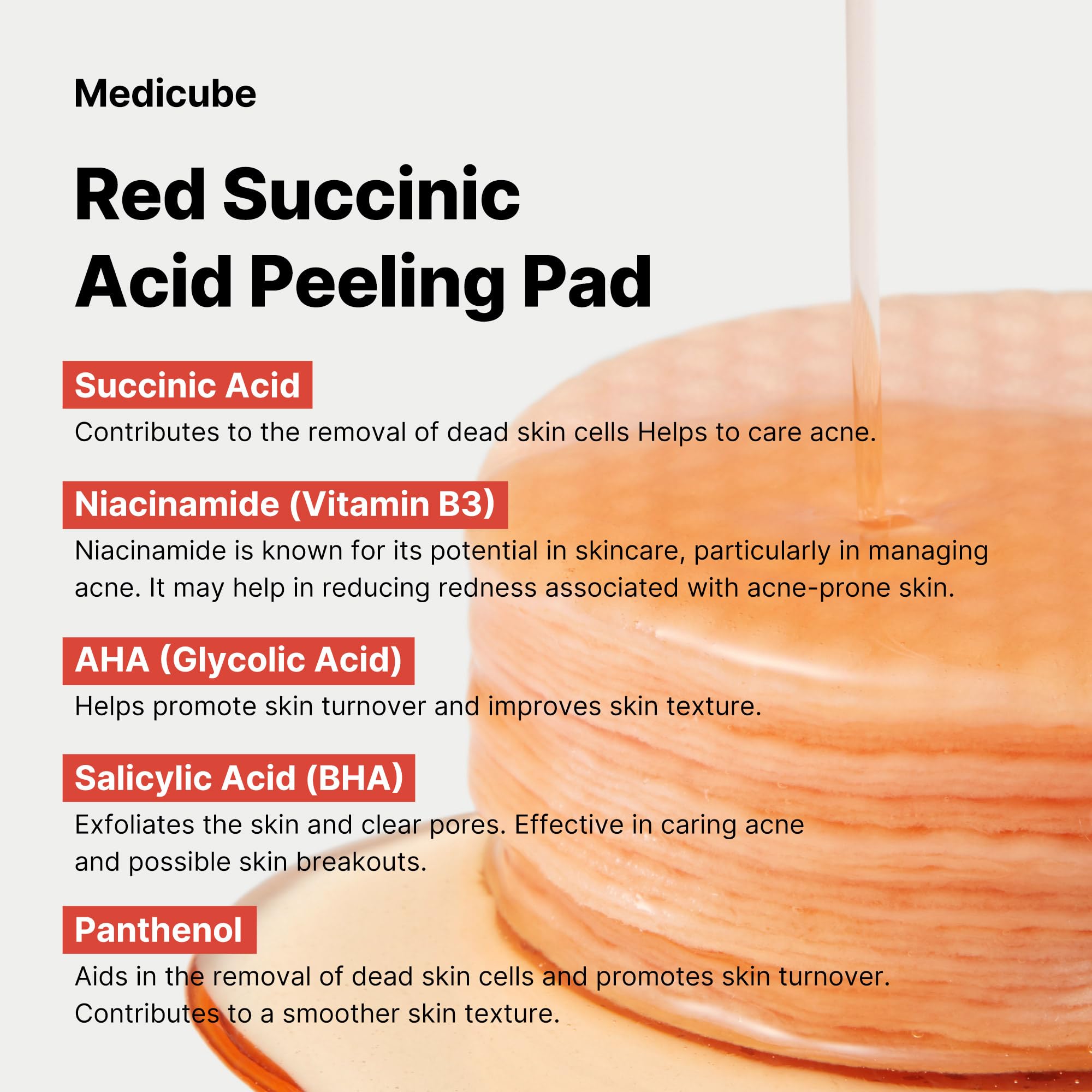 Foto 4 pulgar | Almohadillas Exfoliantes Faciales Medicube, Ácido Succínico Rojo Y Pantenol - Venta Internacional.