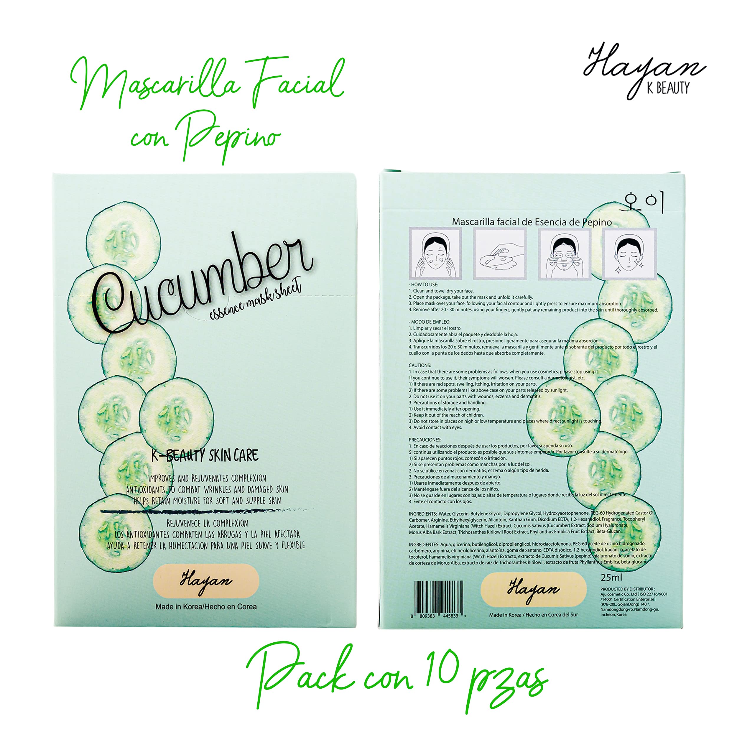 Foto 4 pulgar | Venta Internacional- Mascarilla Hidratante de Pepino Hayan K Beauty 10 Unidades