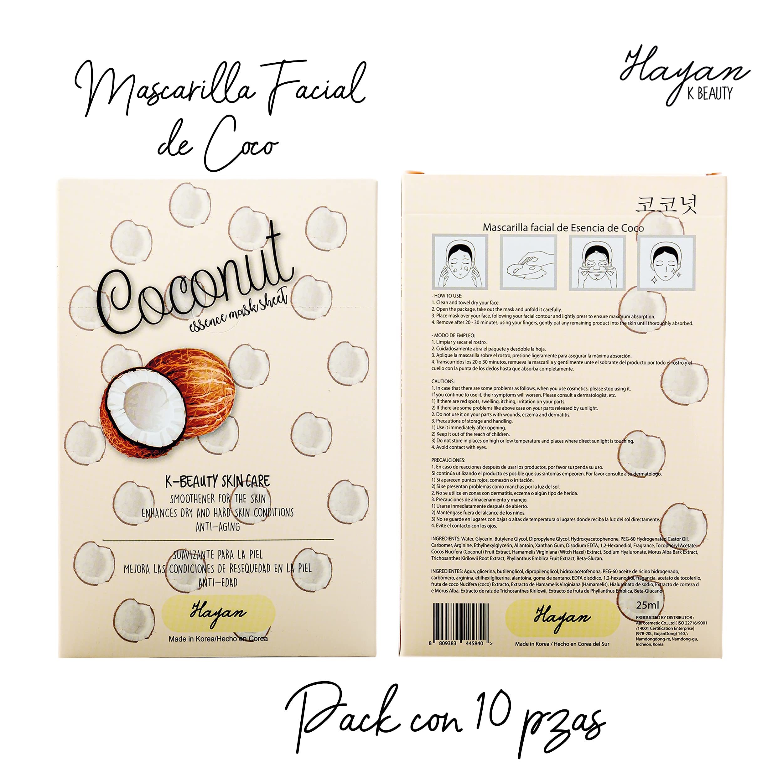 Foto 4 pulgar | Venta Internacional- Mascarilla Hidratante de Coco Hayan K Beauty 10 Unidades