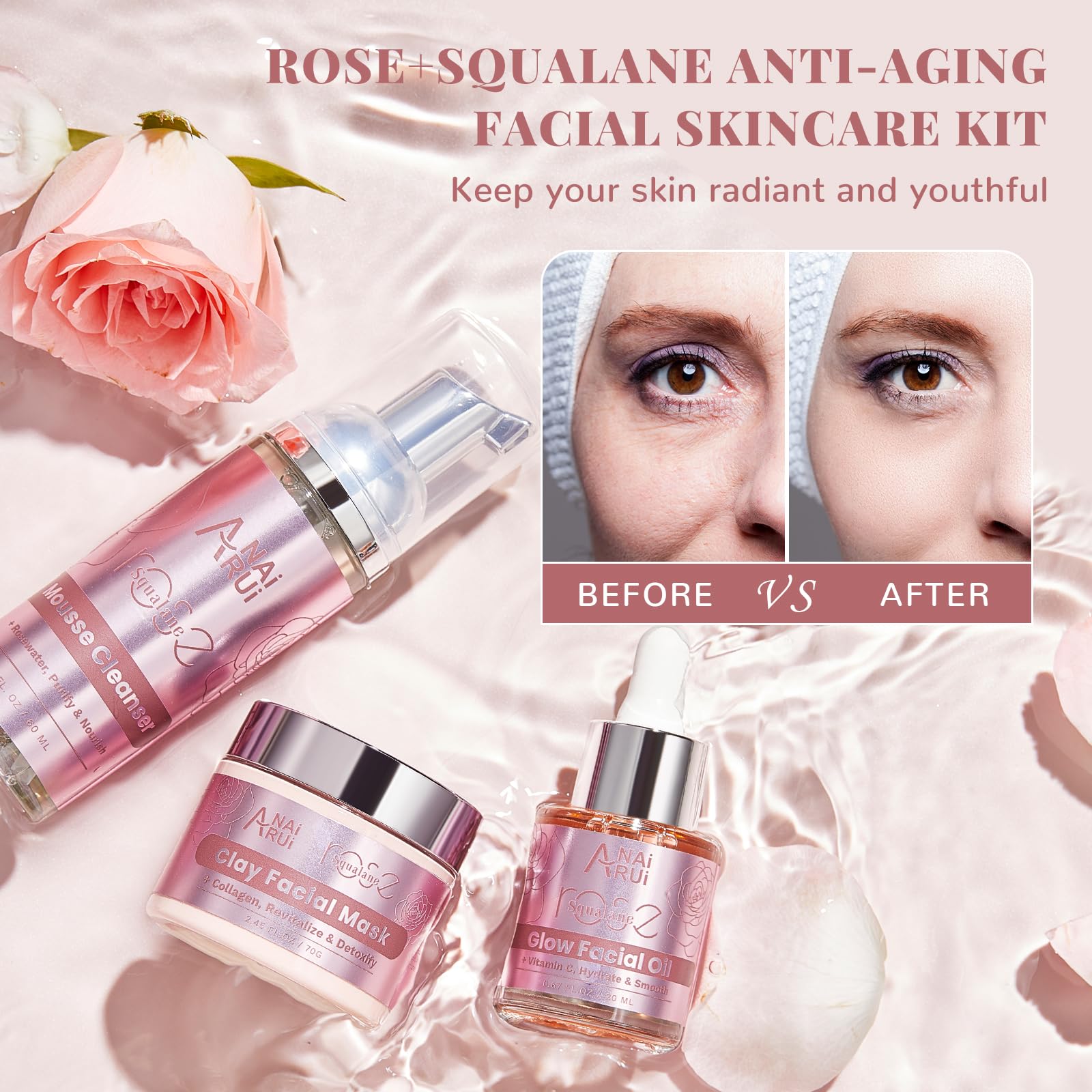 Foto 4 pulgar | Set De Regalo Para El Cuidado De La Piel Anairui Rose Con Limpiador Facial E Hidratante - Venta Internacional.