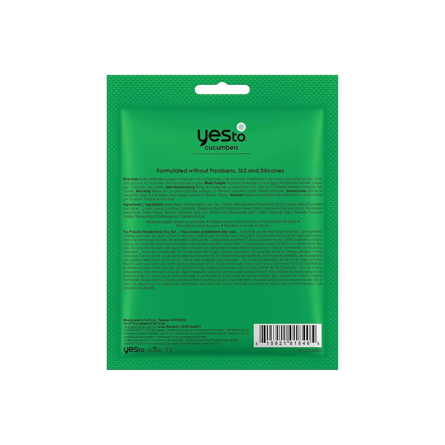 Foto 3 pulgar | Mascarilla Facial Yes To Pepinos Para Calmar La Piel Sensible Con Aloe Vera - Venta Internacional.