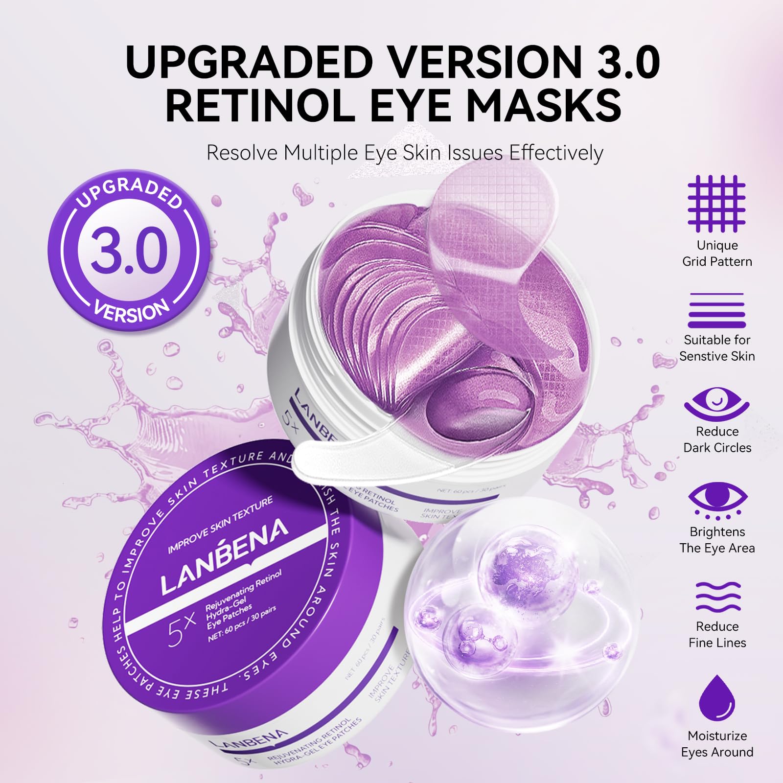 Foto 3 pulgar | Parches para Ojos Lanbena Retinol 30 Pares - Venta Internacional