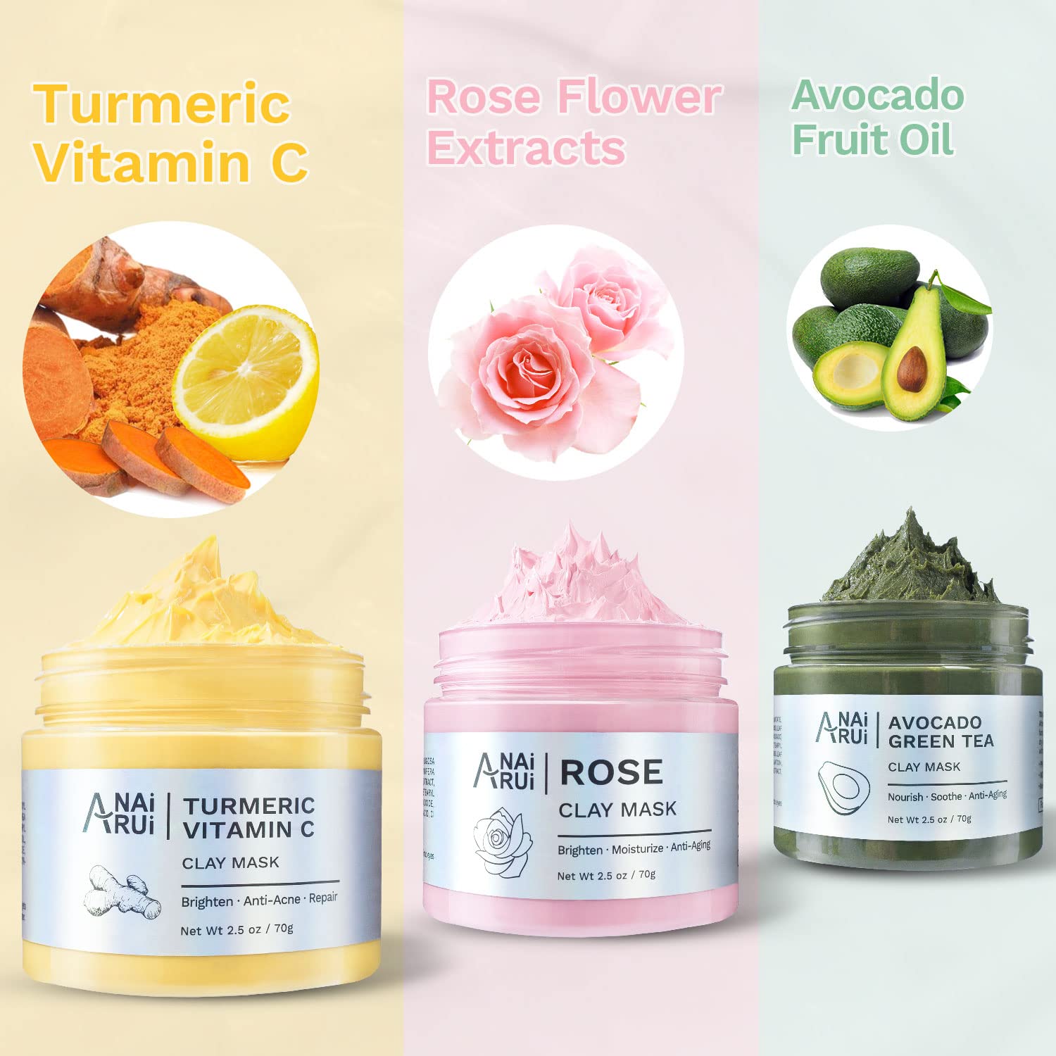 Foto 3 pulgar | Set De Mascarillas Faciales Anai Rui, Cúrcuma, Vitamina C, Rosa, Aguacate - Venta Internacional.