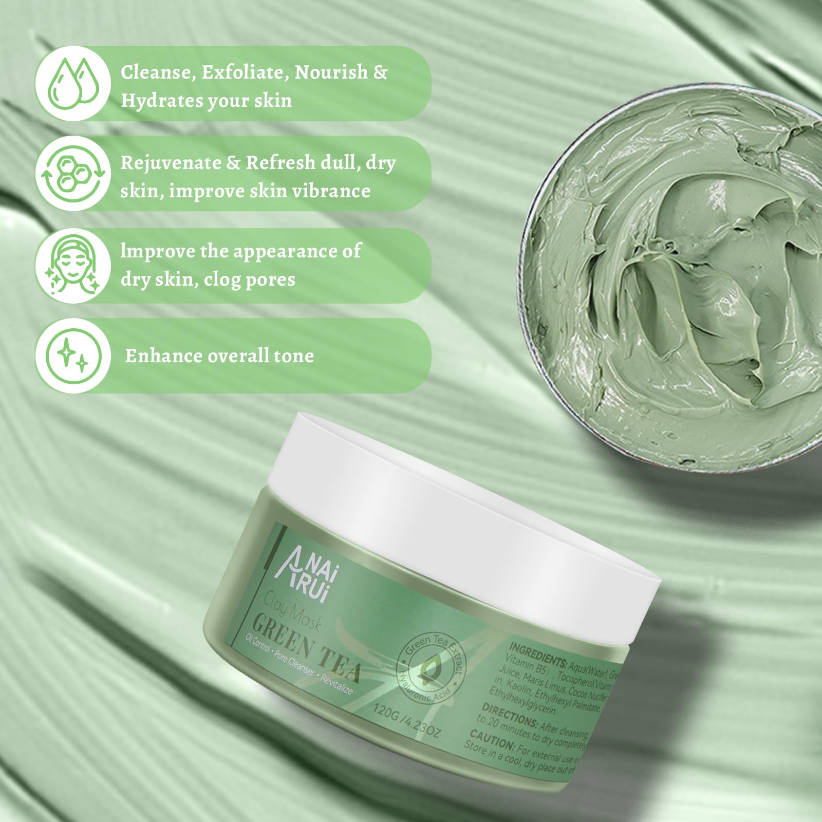Foto 3 | Máscara De Arcilla Anai Rui Con Té Verde, Limpieza Profunda Sin Poros Con Aloe, 100 Ml - Venta Internacional.