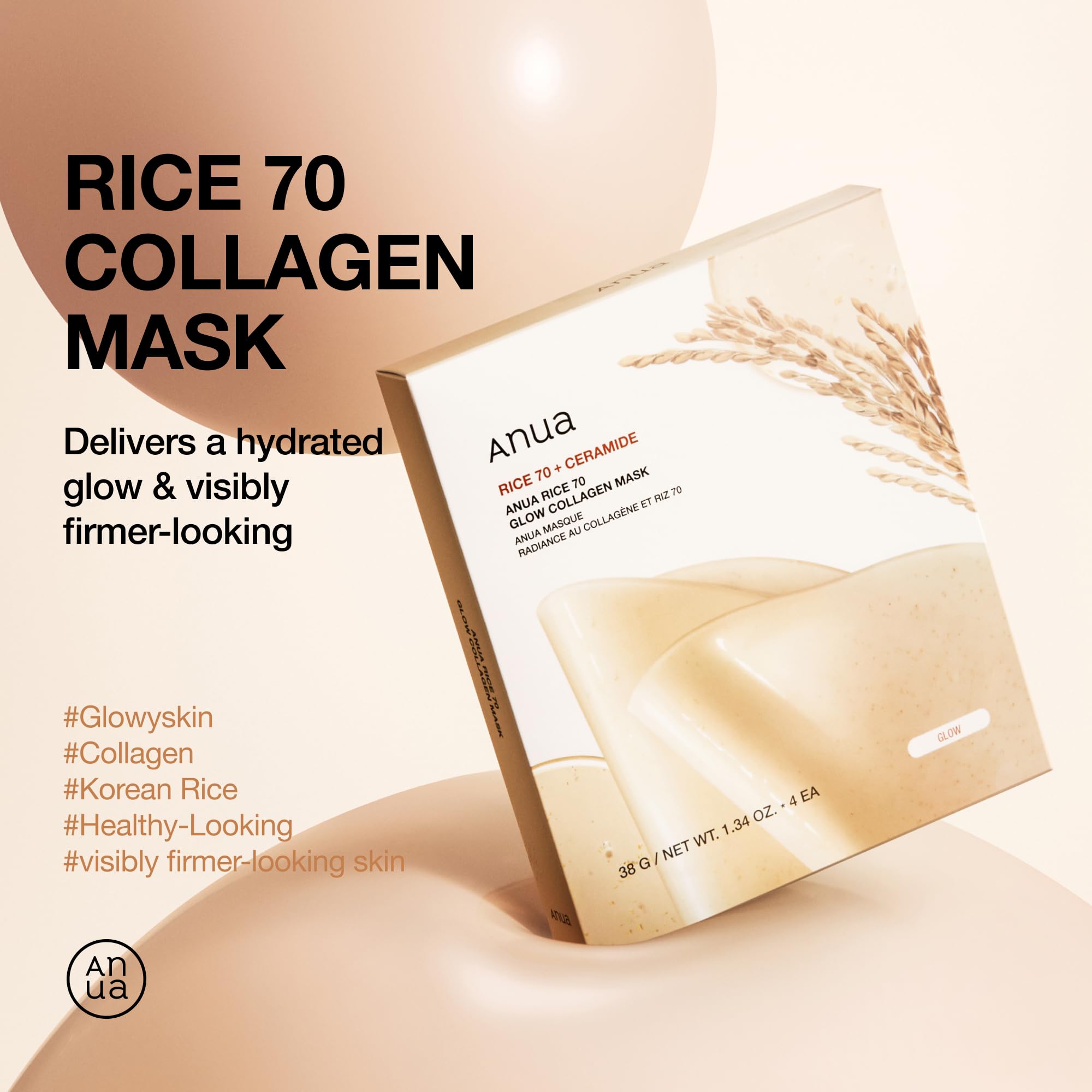 Foto 2 | Mascarilla Facial Anua Rice 70 Glow Collagen Overnight, 38 Ml (paquete De 4) - Venta Internacional.
