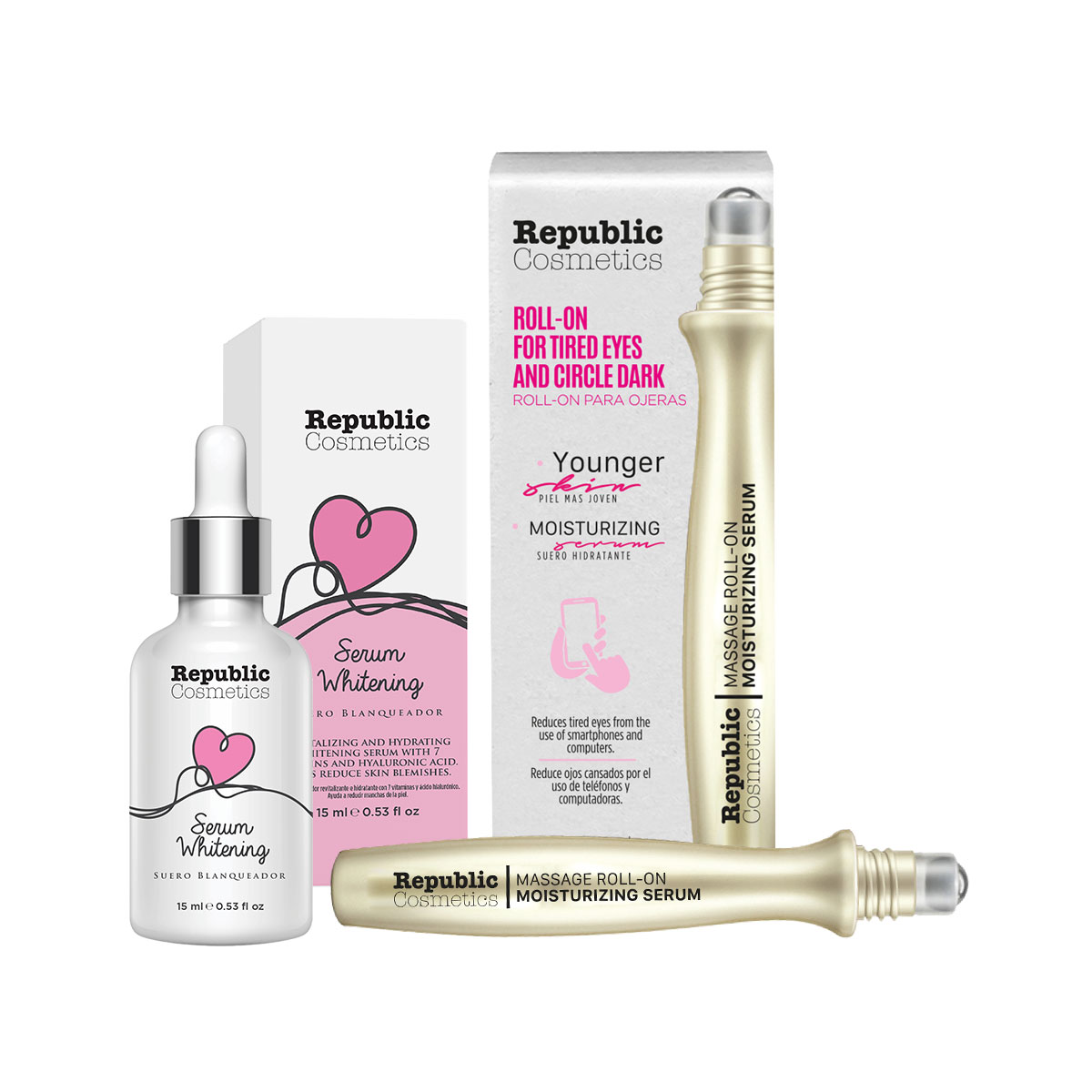 Set Suero Blanqueador De Piel 15ml + Roll On Para Ojeras Republic Cosmetics $290