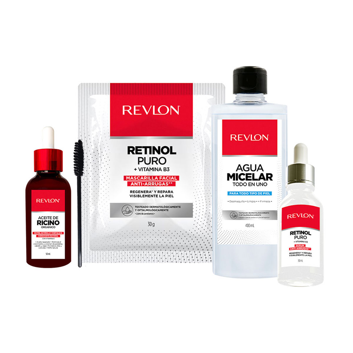 Aceite de Ricino + Agua Micelar + Mascarilla Facial + Suero de Retinol Puro Revlon