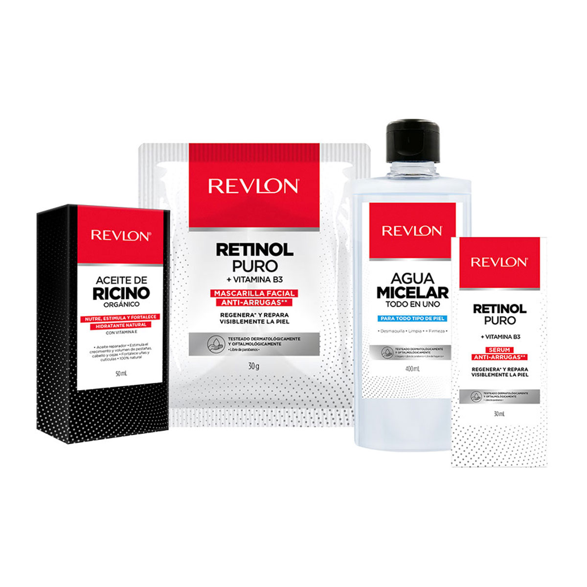 Foto 3 pulgar | Aceite de Ricino + Agua Micelar + Mascarilla Facial + Suero de Retinol Puro Revlon