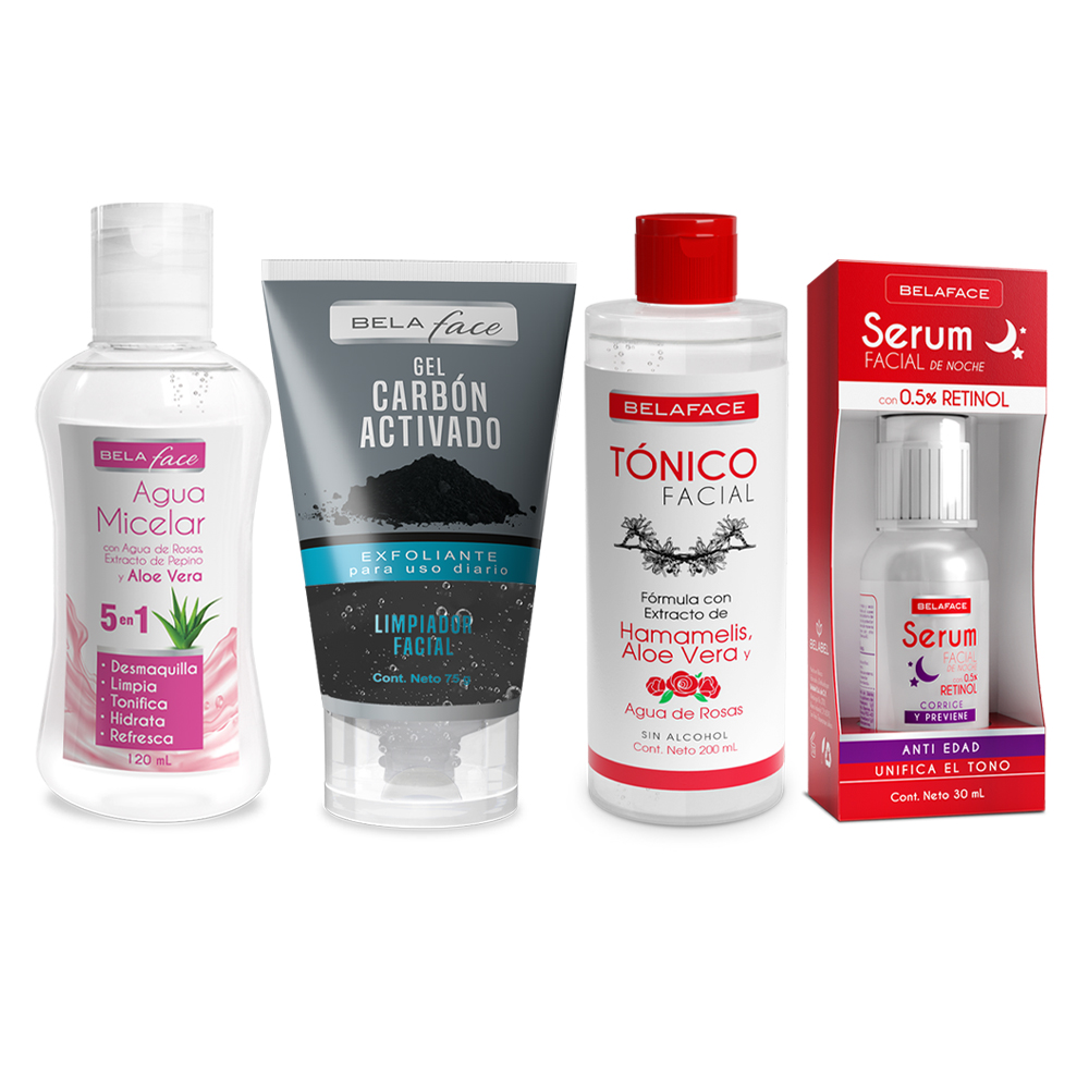 Set Skin Care Noche: Agua Micelar 5 en 1 + Gel Carbón Activado + Tónico Facial + Sérum Facial con Retinol Belabel