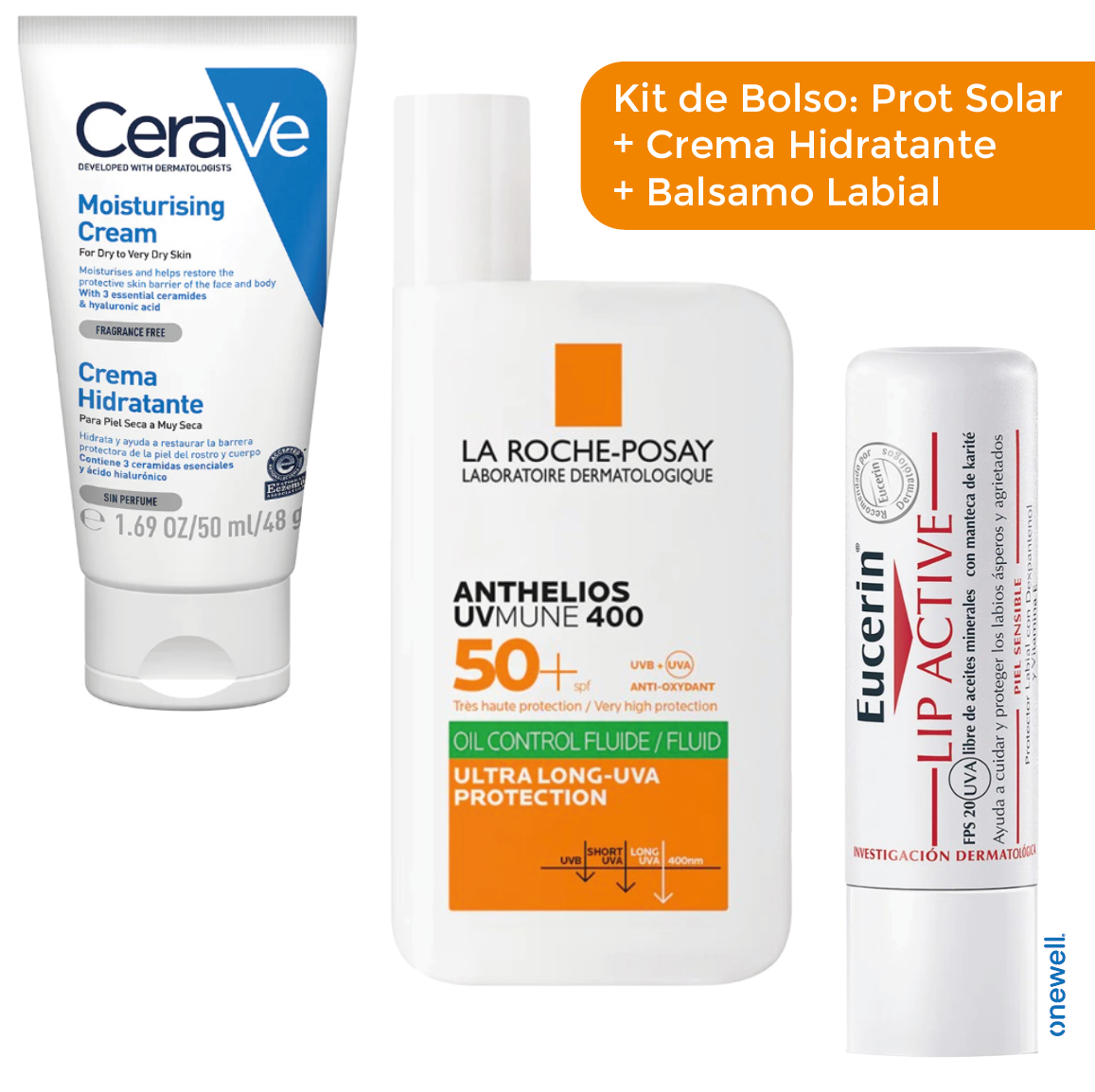 Kit Basicos De Bolso: Protector Solar Fps50+ Lrp, Crema Hidratante Facial Cerave + Protector De Labios Eucerin