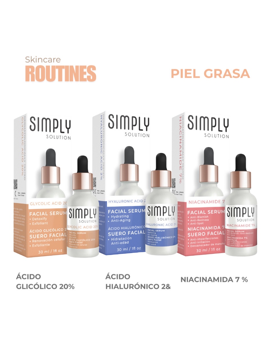 Foto 2 pulgar | Set Acido Glicolico 20%, Acido Hialuronico 2% Y Niacinamida 7% Simply Solution  Rutina Control Grasa 3 Piezas