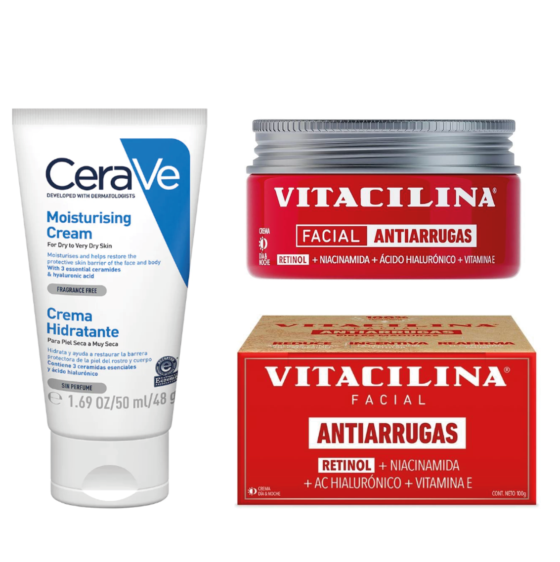 Kit Facial Vitacilina Antiarrugas Con Retinol 100g + Cerave Hidratante Con Ácido Hialurónico Y Ceramidas 50ml