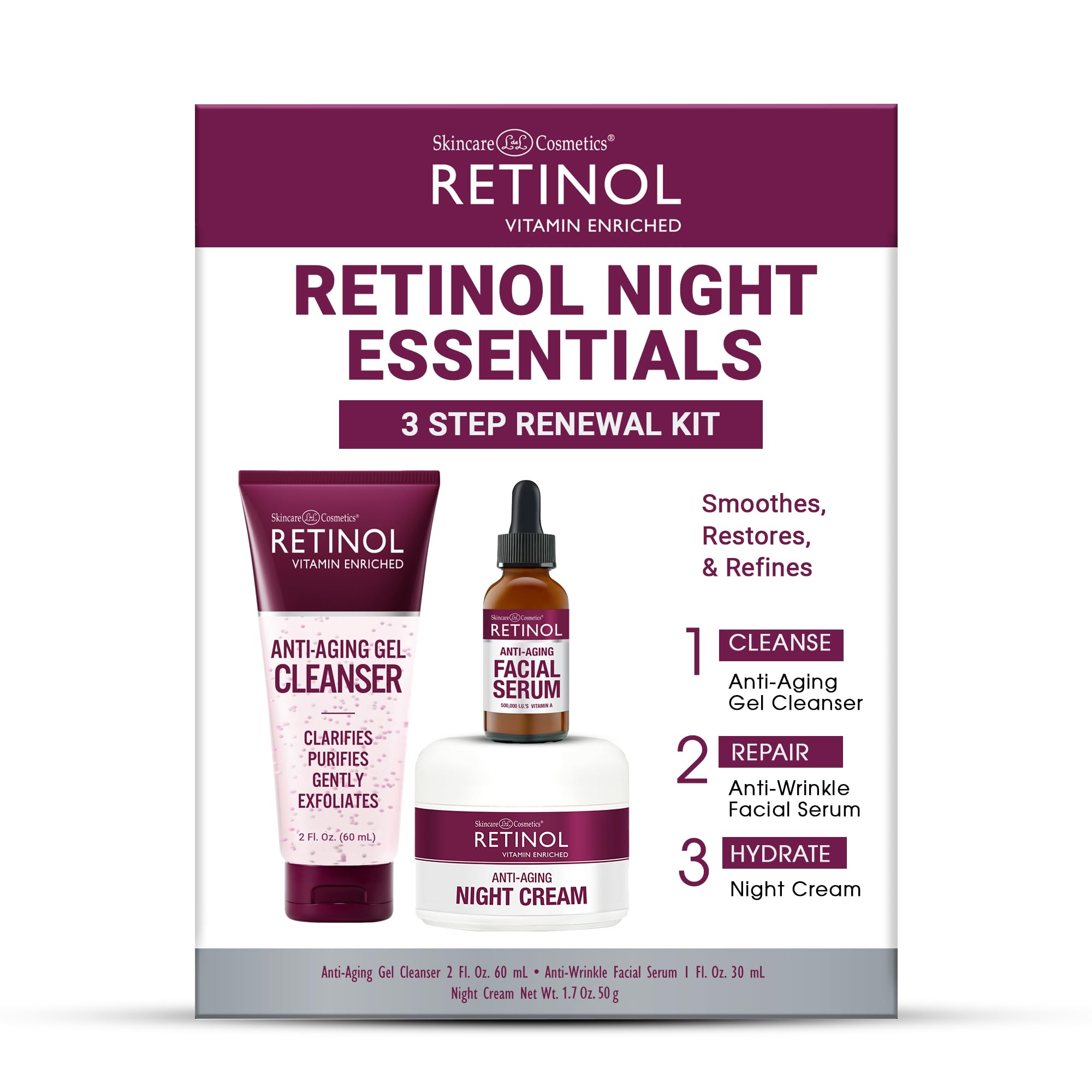 Foto 2 | Kit De 3 Pasos Con Retinol Antienvejecimiento Night Essentials Para El Cuidado De La Piel - Venta Internacional.