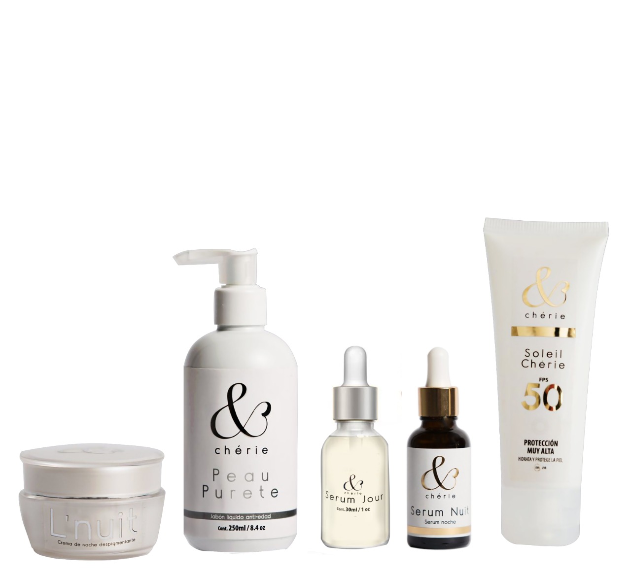 Foto 1 | Kit Antiedad Cherie con Serum Día/ Serum Noche/ Jabón Hidratante/ Protector Solar/ L Nuit