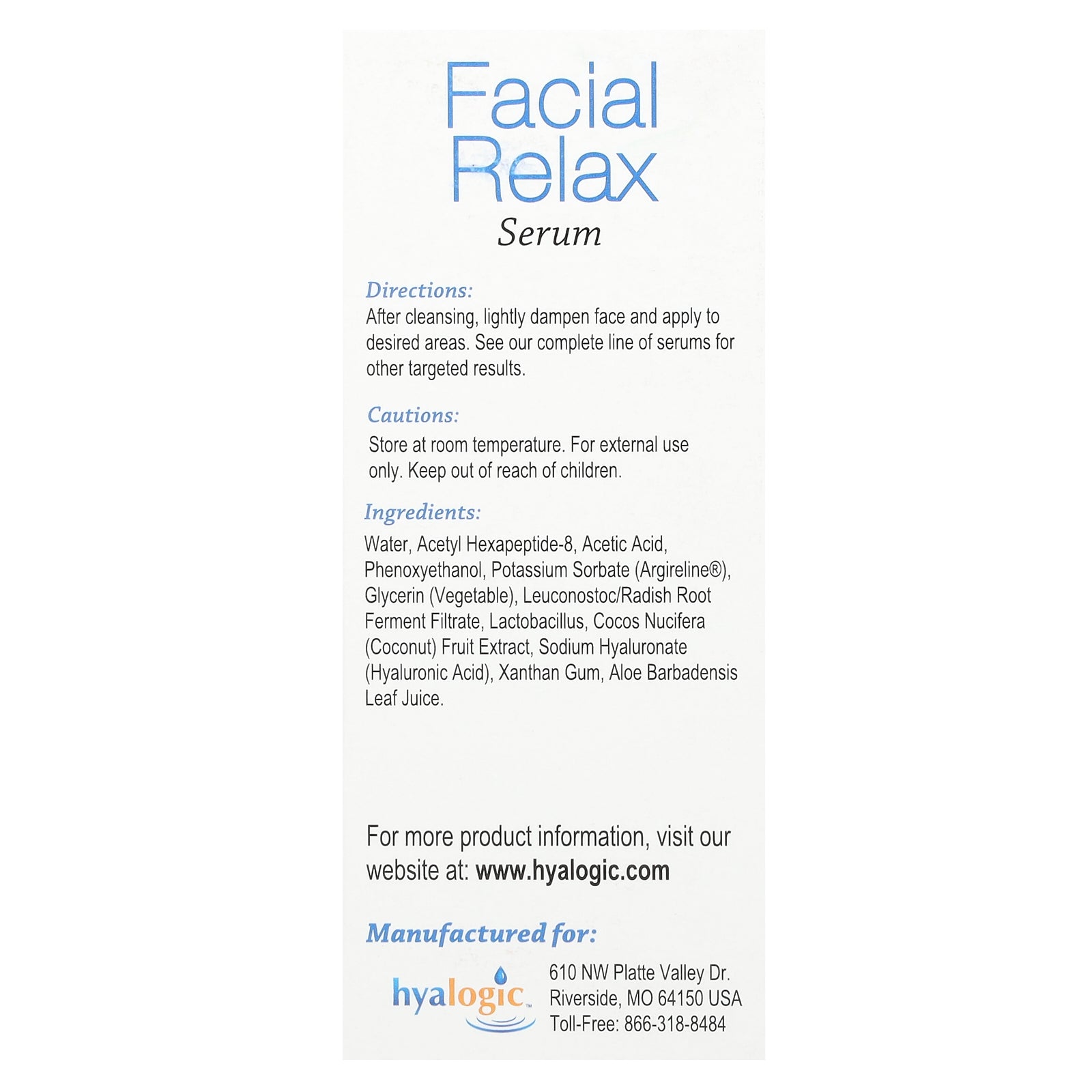 Foto 4 pulgar | Sérum Facial Relax Hyalogic Con Ácido Hialurónico Y Argirelina - Venta Internacional.